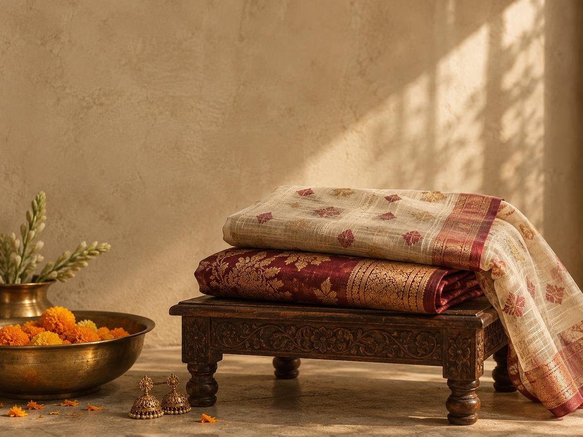 Folded jamdani and katan sarees on a carved stool with marigolds and gold jhumkas by a limewashed wall.