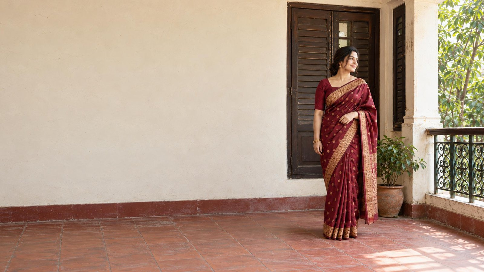 Woman in a maroon Mirpur katan saree on a quiet Dhaka veranda with wooden shutters.