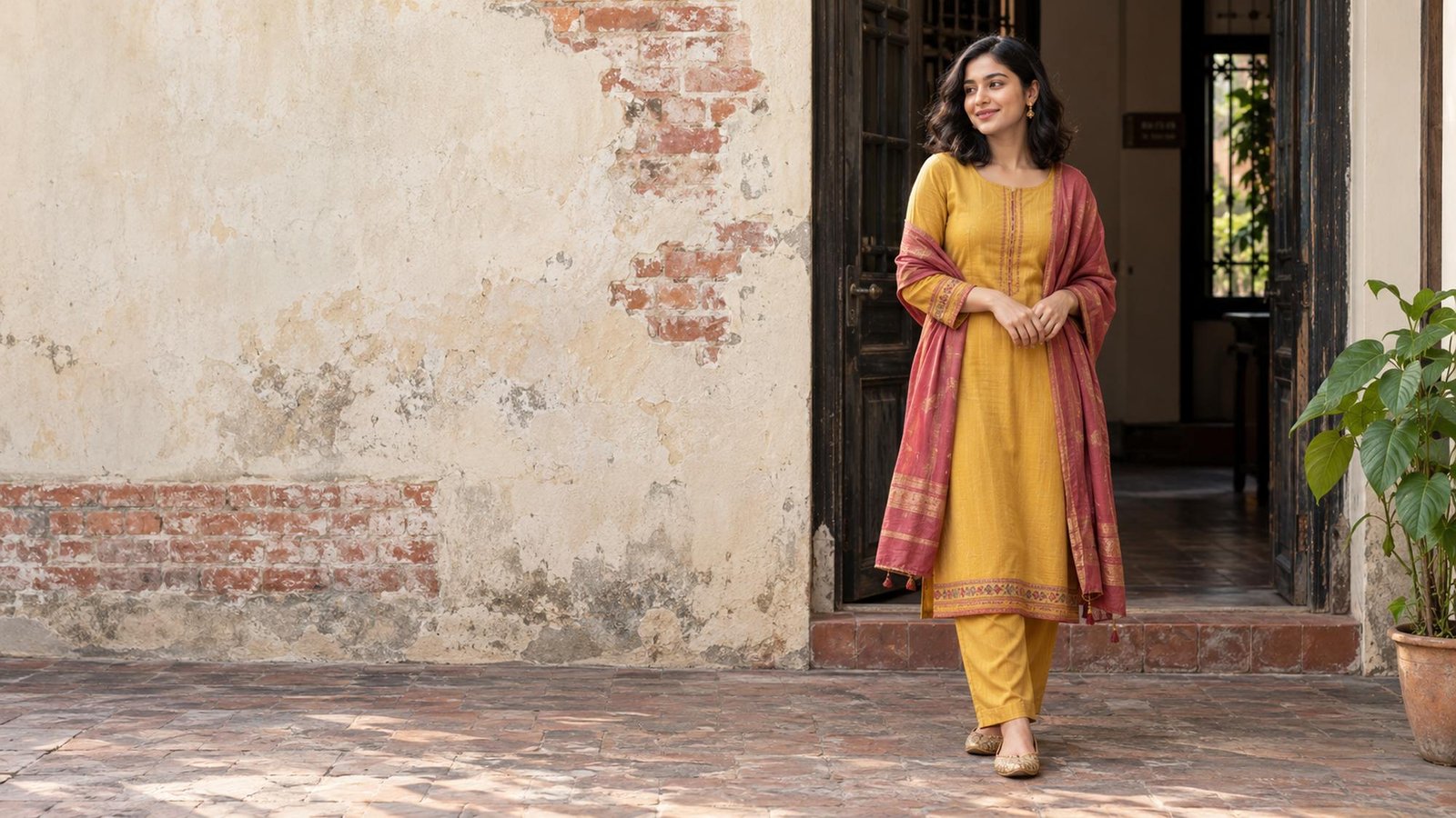 Woman in a mustard salwar kameez and deep rose orna beside a Dhaka courtyard doorway.