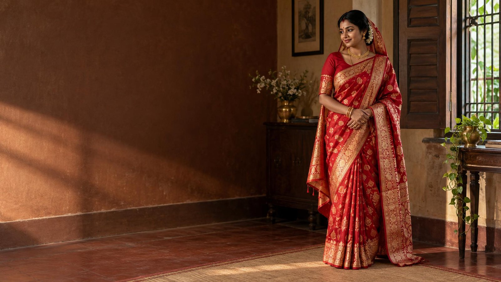 Bangladeshi bride in a red katan saree beside a wooden window in a softly lit family home.