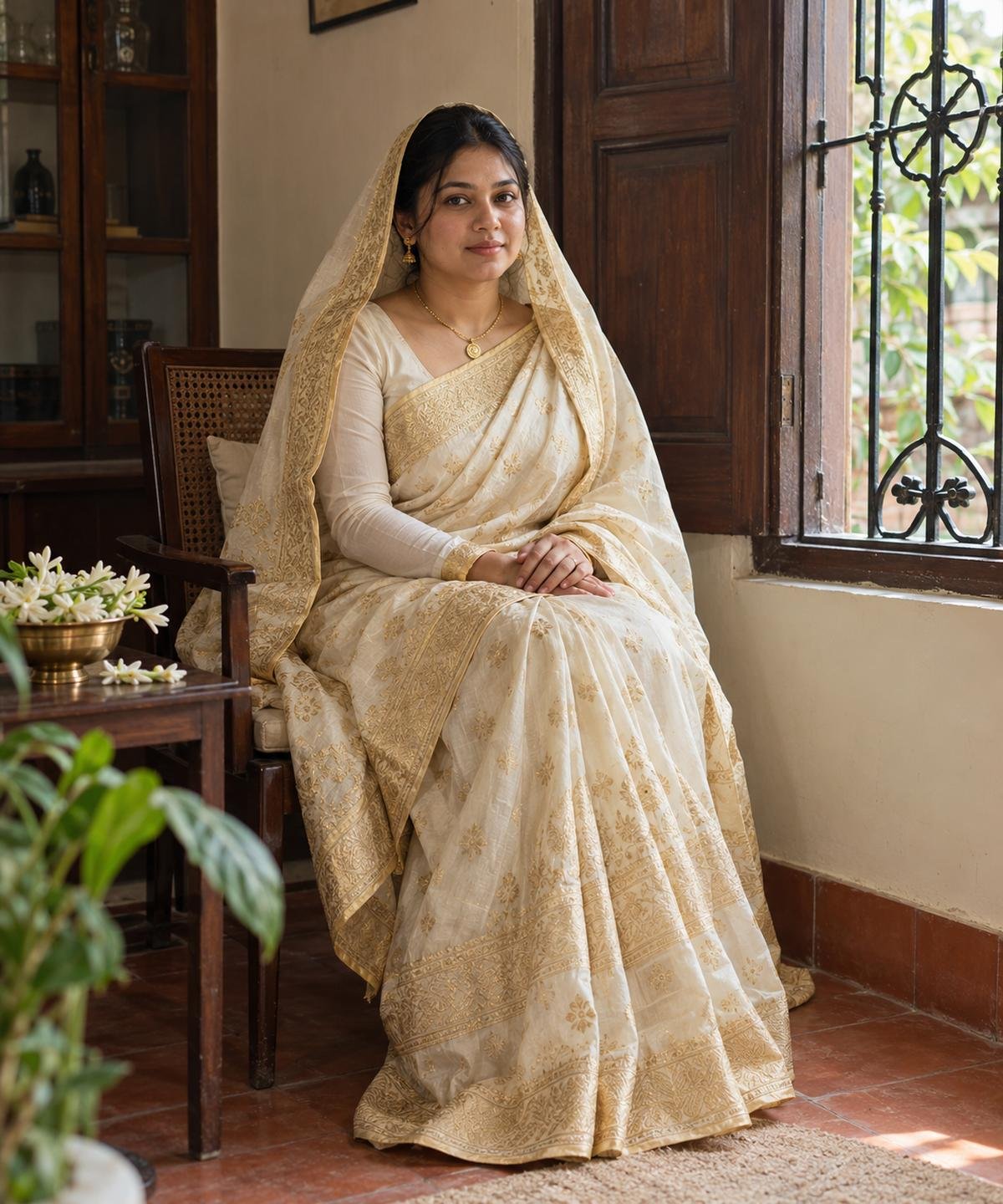 Bride in an ivory and gold saree with a ghomta beside a simple wooden window and tuberose flowers.