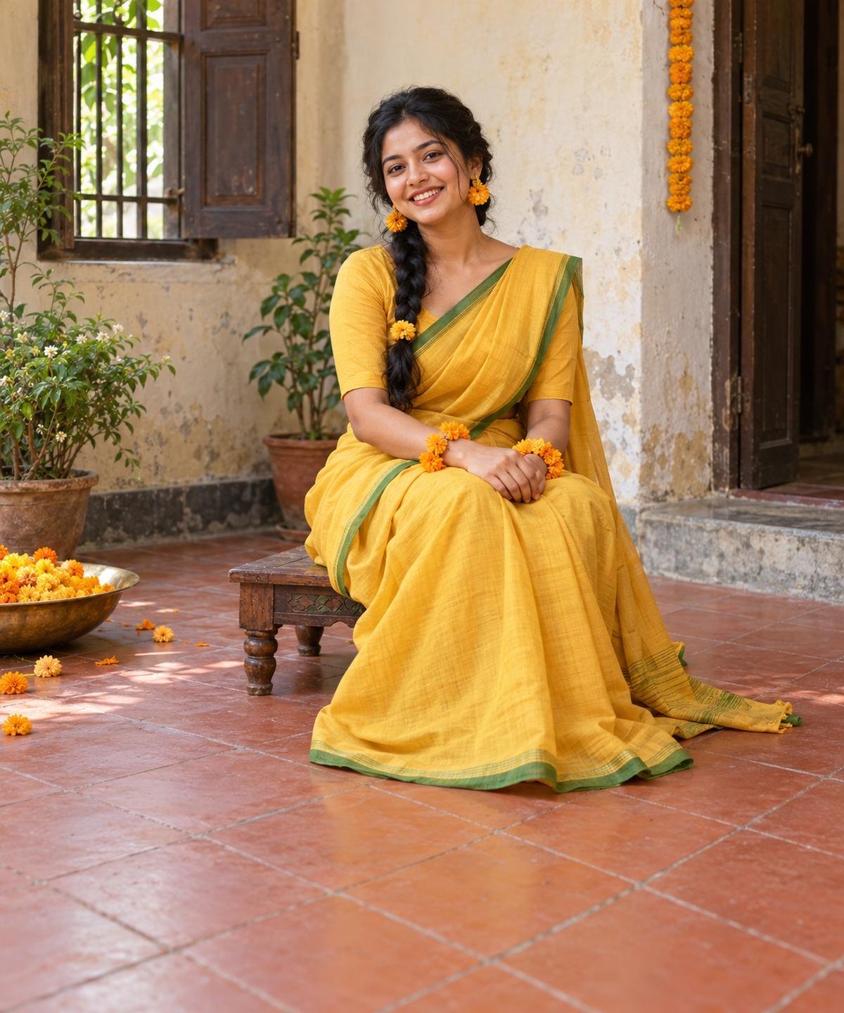 Woman in a yellow cotton saree and marigold jewellery at a small Bangladeshi gaye holud gathering.