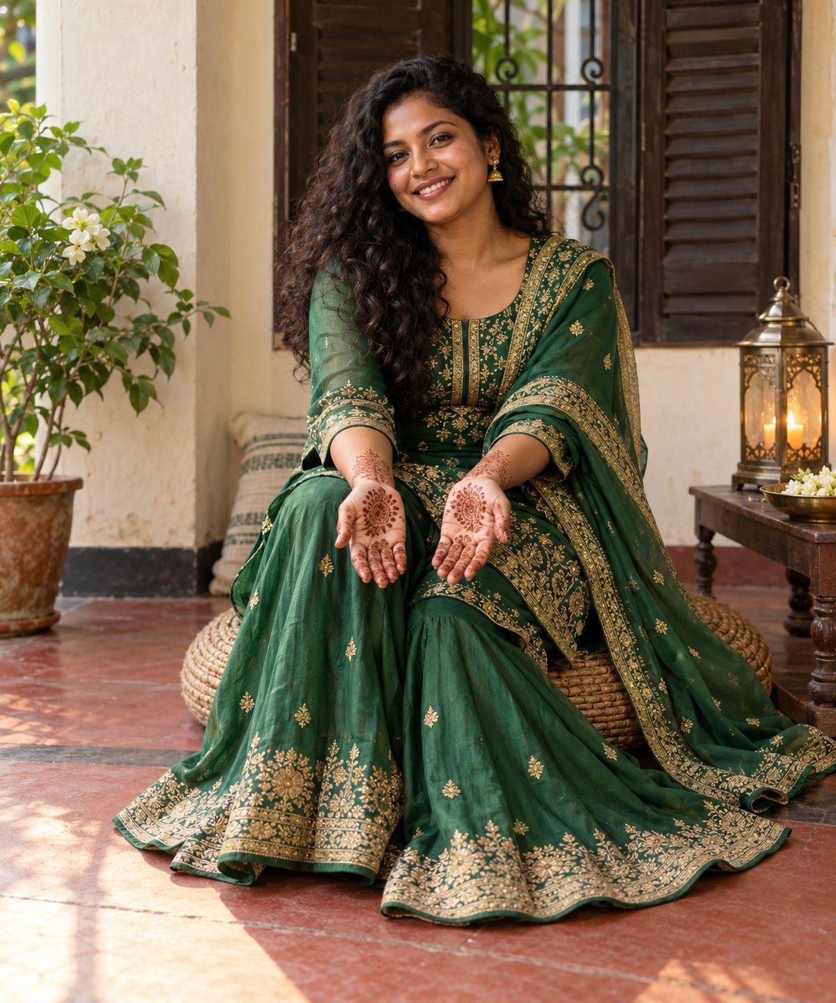 Woman in an emerald sharara showing floral henna on her hands on a quiet Dhaka veranda.