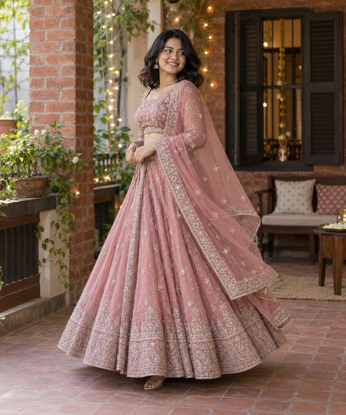 Woman gently turning in a dusty rose lehenga at a small family celebration in Dhaka.