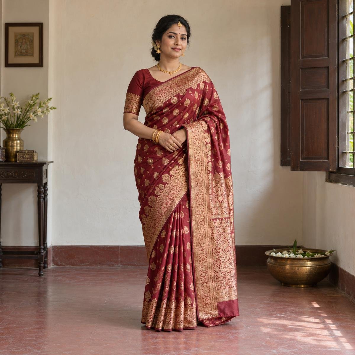 Bride in a maroon katan saree standing in a Bengali home with wooden shutters and soft daylight.