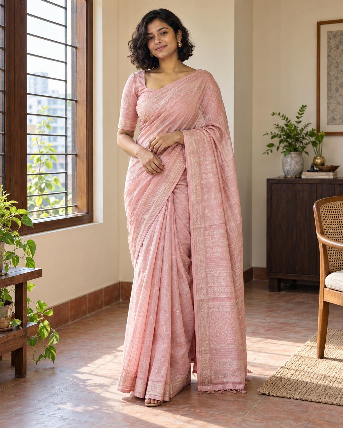 Woman in a blush-pink pre-draped saree with a tailored blouse in a bright Dhaka apartment.
