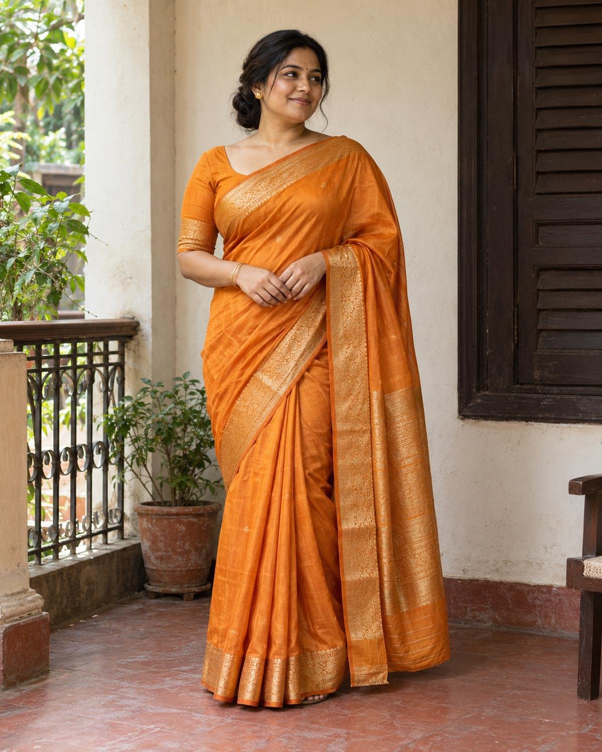 Woman in a marigold-orange silk saree with a woven border on a sunlit Bengali veranda.