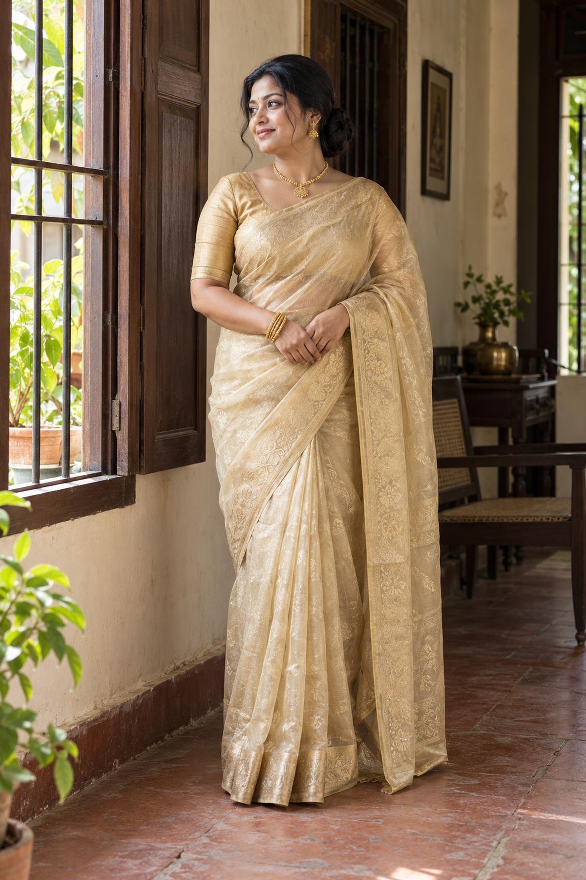 Woman in a pale gold tissue saree with restrained Bengali wedding jewellery beside a wooden window.
