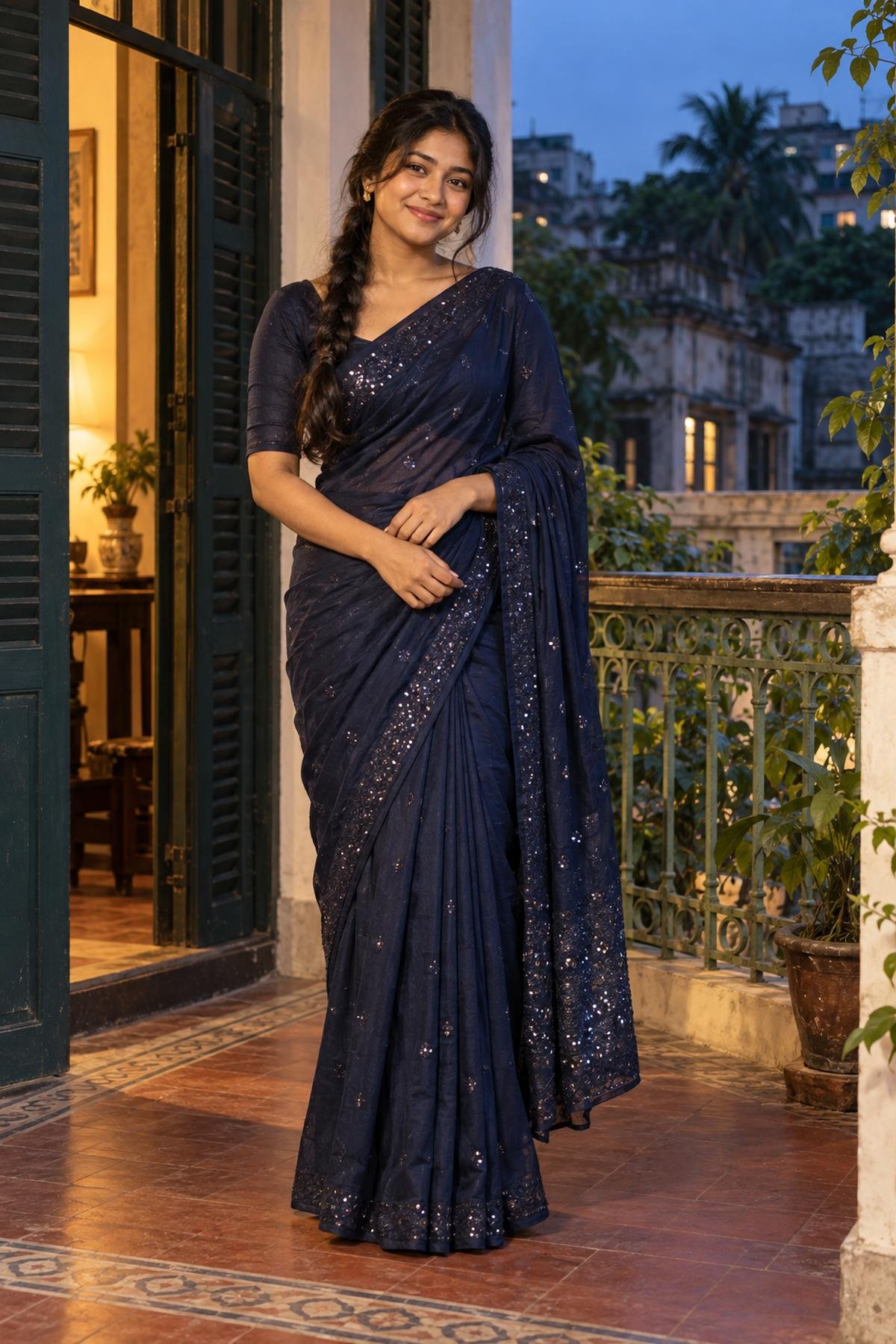 Woman in a midnight-blue saree with a lightly sequinned anchal on a Dhaka veranda at dusk.