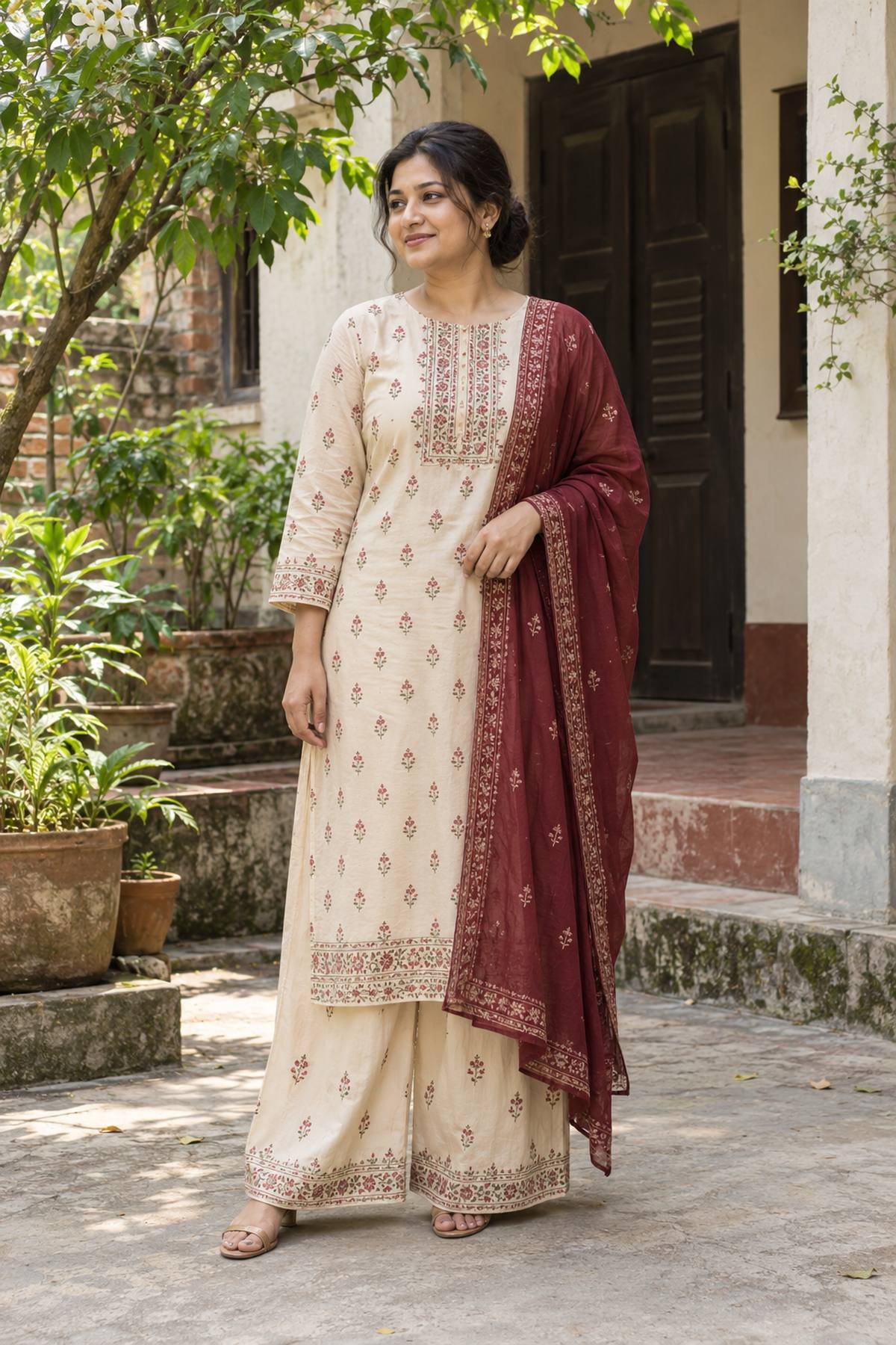 Woman in a block-printed three-piece and contrasting orna in a leafy Dhaka courtyard.