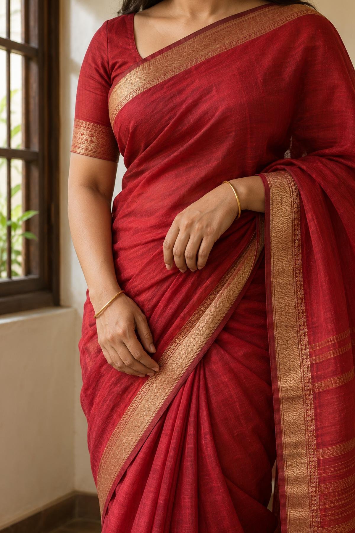 Close-up of a red silk saree with a fine gold border and a naturally resting hand in soft daylight.