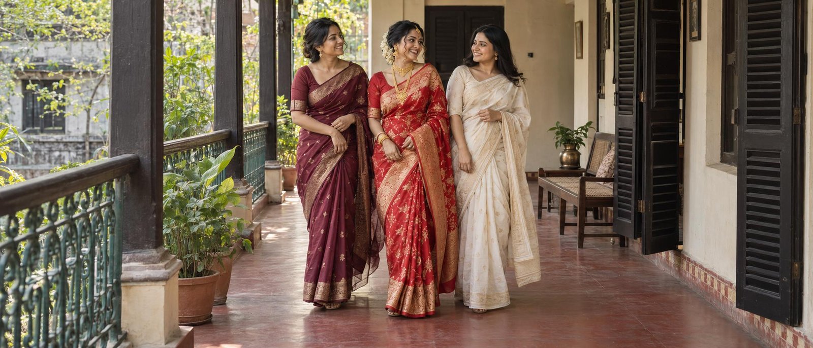 A bride and two friends in maroon and ivory sarees sharing a candid moment on a Bengali veranda.