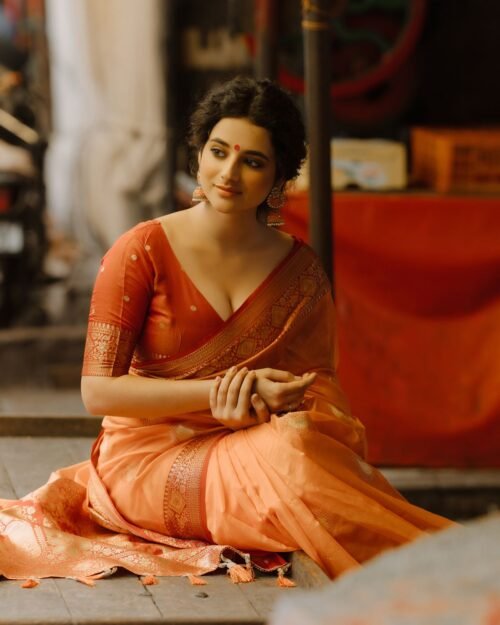 Model wearing an amber saree seated indoors