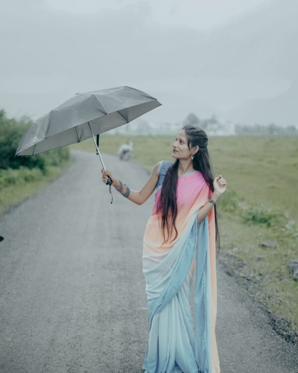 Alternate view of a draped saree photographed outdoors