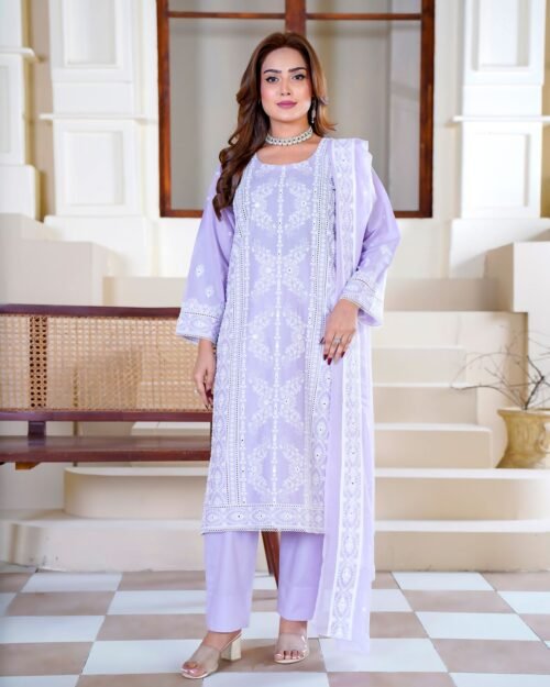 Model wearing a lavender embroidered three-piece set